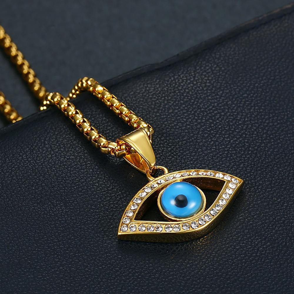 Turkish Blue Evil Eye Pendant Necklaces Female Gold Color Stainless Steel CZ Amulet Charm Necklace For Women Men Jewelry Gift