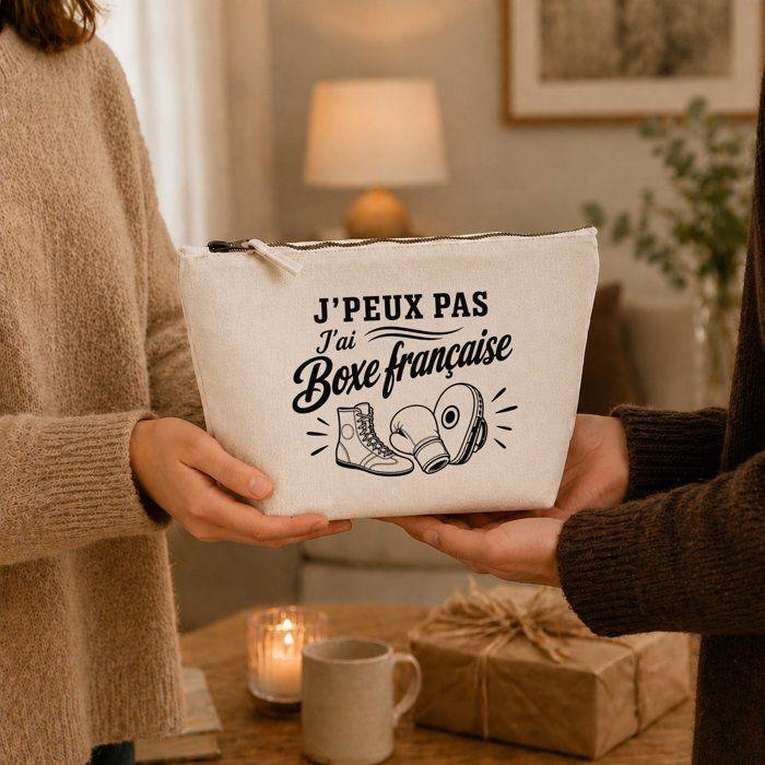 Trousse de toilette - PLANETEE - J'peux pas j’ai Boxe française (minimaliste) - Beige - 100% coton - 3 L