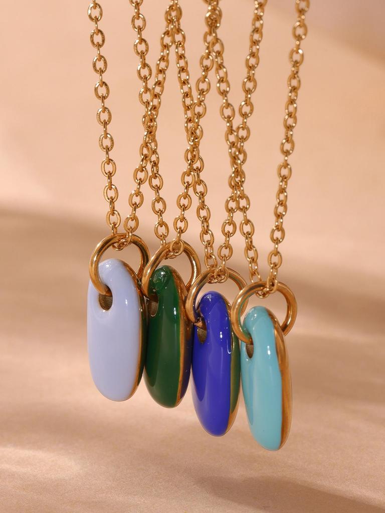 Morandi Color Oval Enamel Drop Pendant Necklace, Simple & Elegant Clavicle Layer, Stainless Steel Chain, Non-Fading.