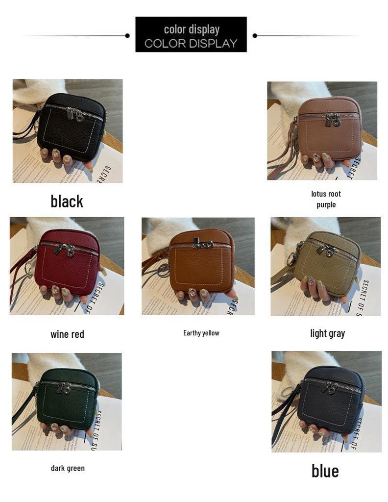 2025 Women's Genuine Leather Compact Wallet and Keychain - Lipstick, Earphone, and Coin Storage