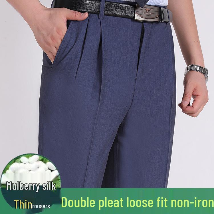 Men's Summer Mulberry Silk Dress Pants: Double Pleated, Loose Fit, Straight Leg, High Waist, Deep Crotch.