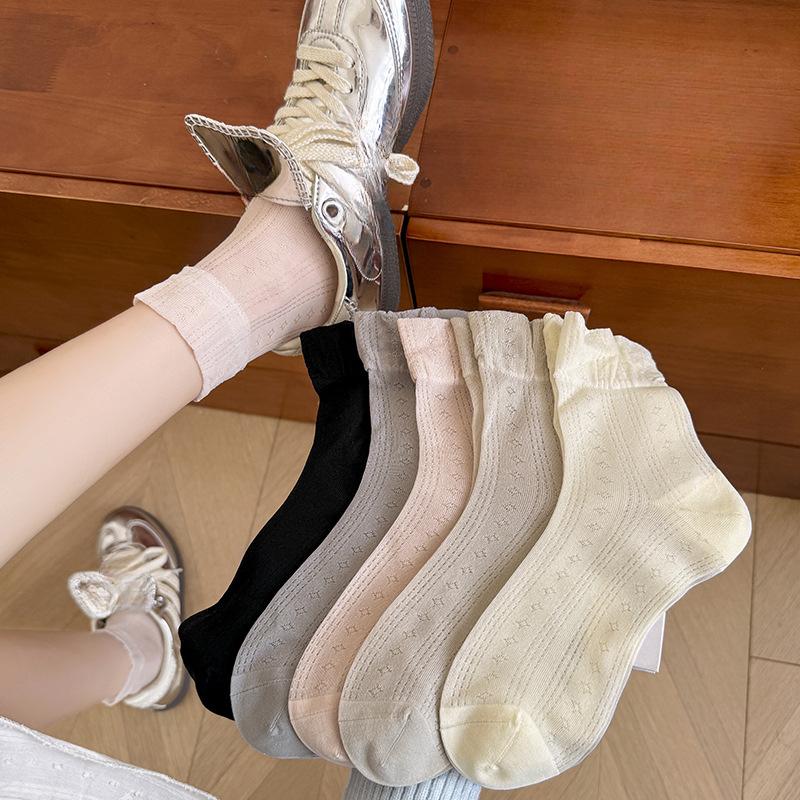 Spring and Summer Thin Mesh Perforated Mid-calf Socks, Lace Sweet Ballet-style Breathable Socks