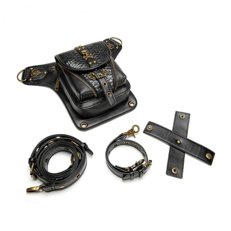 Womens Punk PU Shoulder Bag With Rivets Chain Detail Tactical Waist Pack Halloween Outdoor Riding Daily Wear