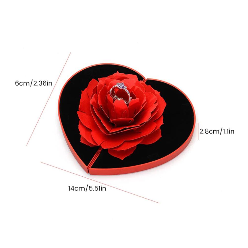 Herzförmige drehbare Rosenring-Box, High-End-Samt, verstellbar, kreative Geschenkbox für den Valentinstag zur Schmuckaufbewahrung