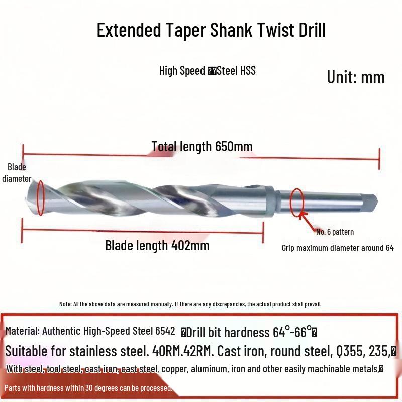 6542 Stainless Steel Super Hard Extra Long Taper Shank Twist Drill Bit for Deep Hole Lathe, 76-82*800
