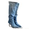 Fashion Sharp pointed high tube women's autumn knee length long boots thin heels denim high heels  fashion trend women's boots