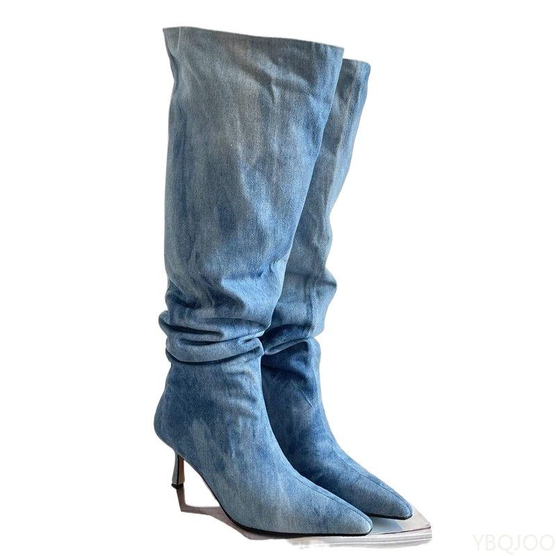 Fashion Sharp Pointed High Tube Women's Autumn Knee Length Long Boots Thin Heels Denim High Heels  Fashion Trend Women's Boots
