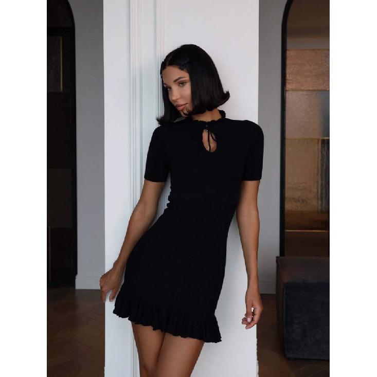 Knitting Ruffled Mini Dress Women'S Hollow Lace Up High Waist Short Sleeve Dress Summer 2026 Evening Party Female Dress