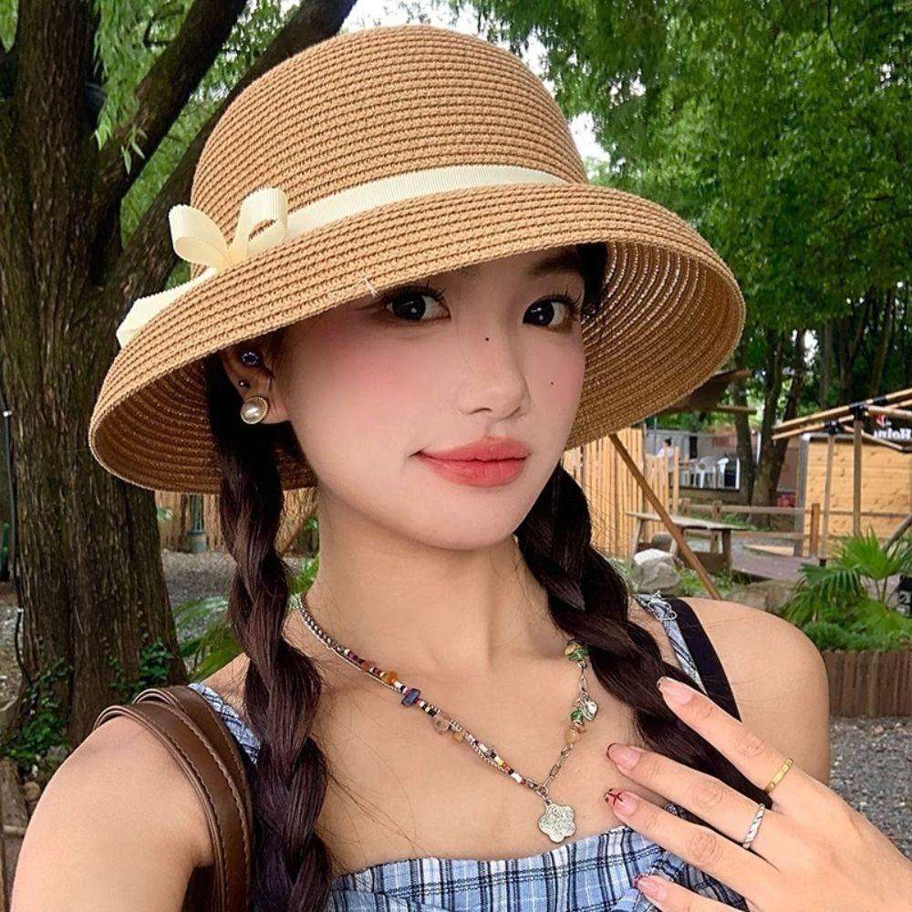 Hepburn Bow Straw Cap French Bucket Sun Hat Trendy Visor Basin Cap  Travel