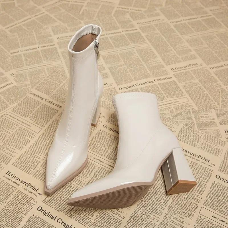 Fashion Autumn Womnen's High Heel Ankle Boots New Winter Plus Velvet Pointed Toe Chunky Heel Chelsea Boots for Women Heeled Sheos Dress