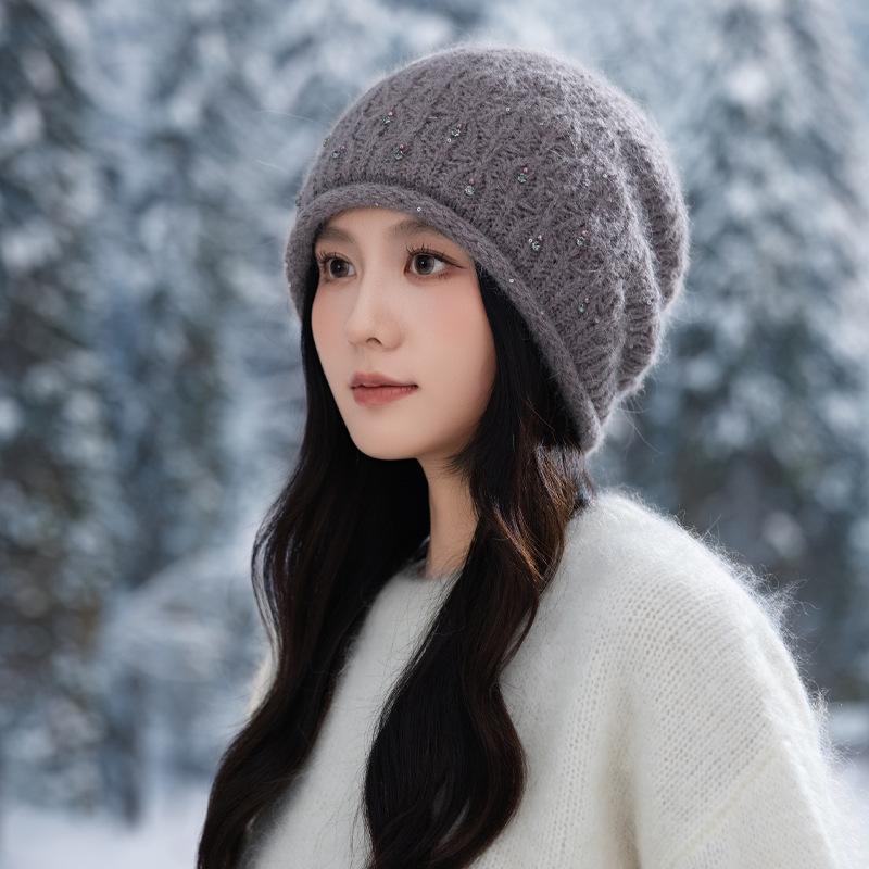 Women's Autumn and Winter Fashion Versatile Big Head Wing Rabbit Fur Warm Hat Korean Style Plus Velvet Thickened Windproof Knitted Wool Hat