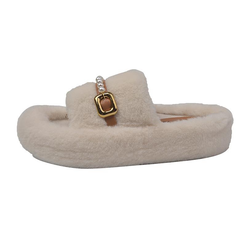 Pearl fluffy slippers women's wear 2025 autumn new thick bottom Internet celebrity fleece cotton mop home word casual hair mop