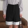 Men Zip-up Waist Striped Patchwork Hem Loose Half Pants Shorts