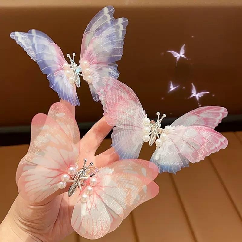 2pcs Korean Moving Butterfly Hair Clips for Girls Double Layered Wings Pearl Butterfly Hairpin Headwear Girls Kids Hair Accessories