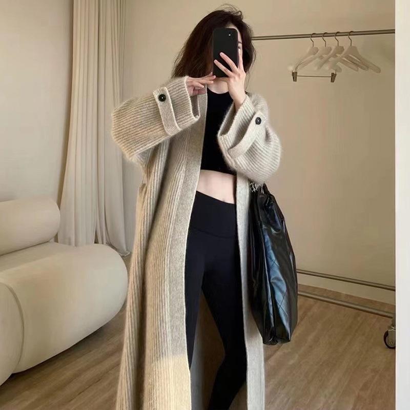 Eleganter Retro Damen Midilanger Warmer Strick-Cardigan, Allround Lockere Strickjacke für Herbst- und Winter-Pendler