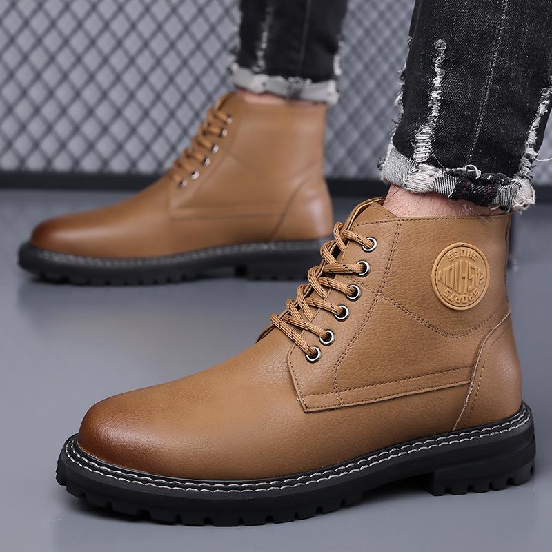 Fashion Autumn Winter Platform Boots for Men  Fashion Casual Cow Leather Yellow Cotton Shoes Male Solid Color Wool Work Boots Man