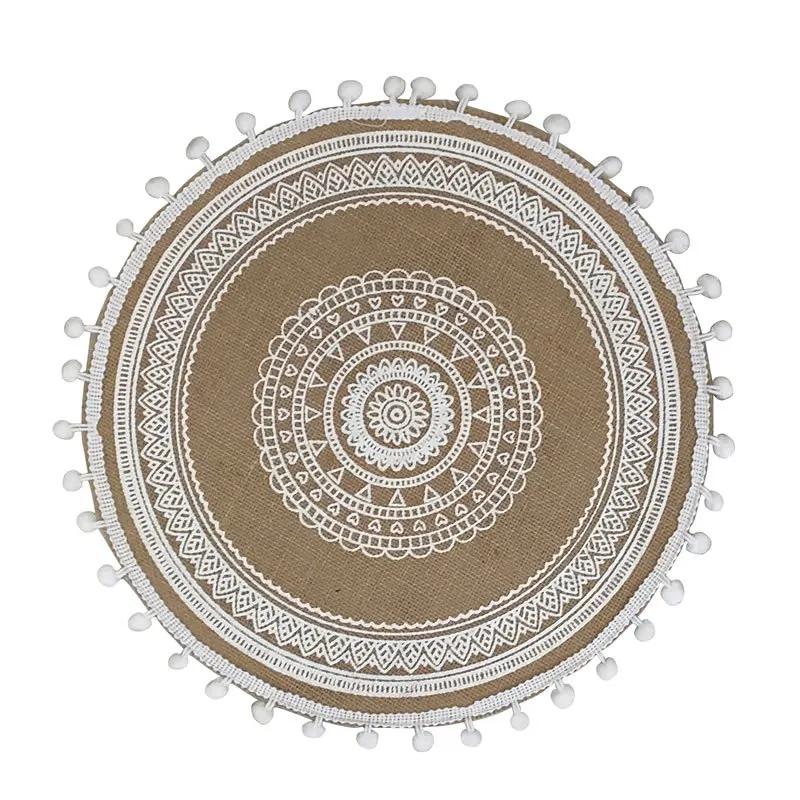 4pcs Fabric Waterproof Jute Placemat with Lace Ball Anti-scalding Pot Mat Restaurant Placement Insulation Mat