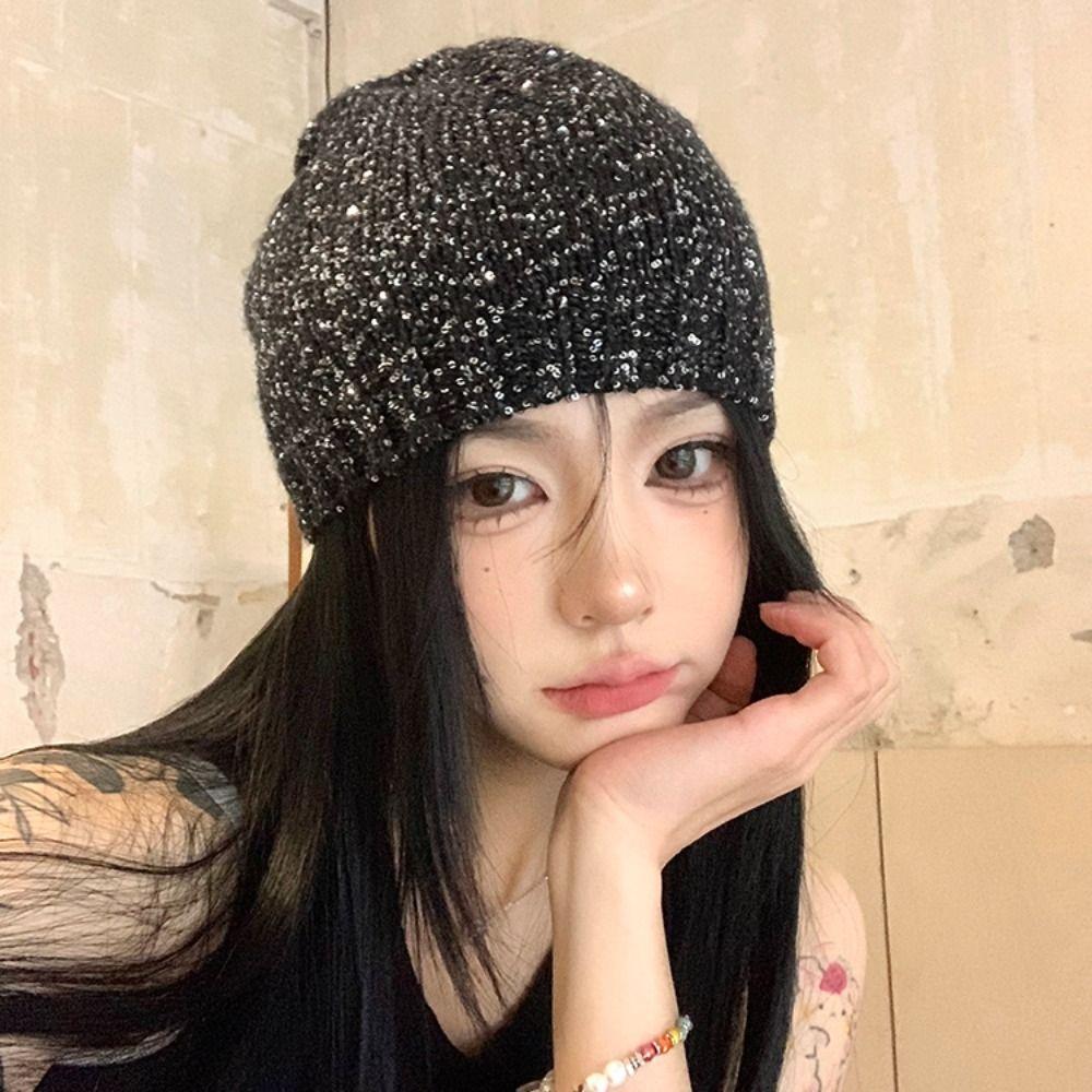 Hollow Beanie Hat Vintage Woven Cap Casual Sequin Knitted Hat  Winter