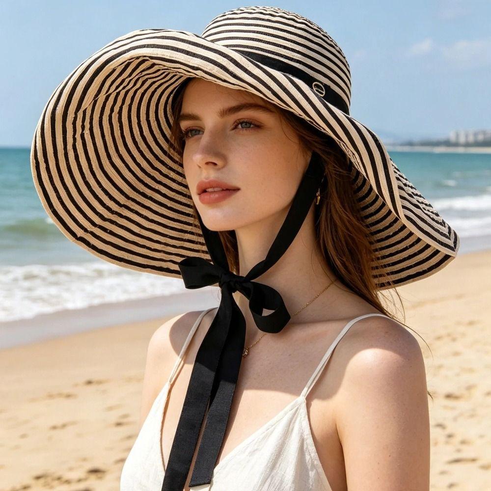 with Windproof Strap Women Striped Fisherman Hat Solid Color Sunshade Hat Summer Sun Hat Travel