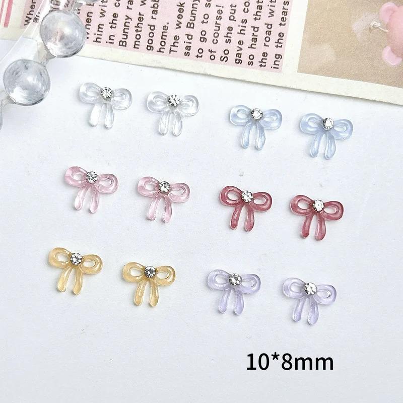 10PCS Solid Color Minimalist Bows Nail Charms Translucent Jelly Bowknots Mini Rhinestones Inlaid Nail Art Decorations for DIY