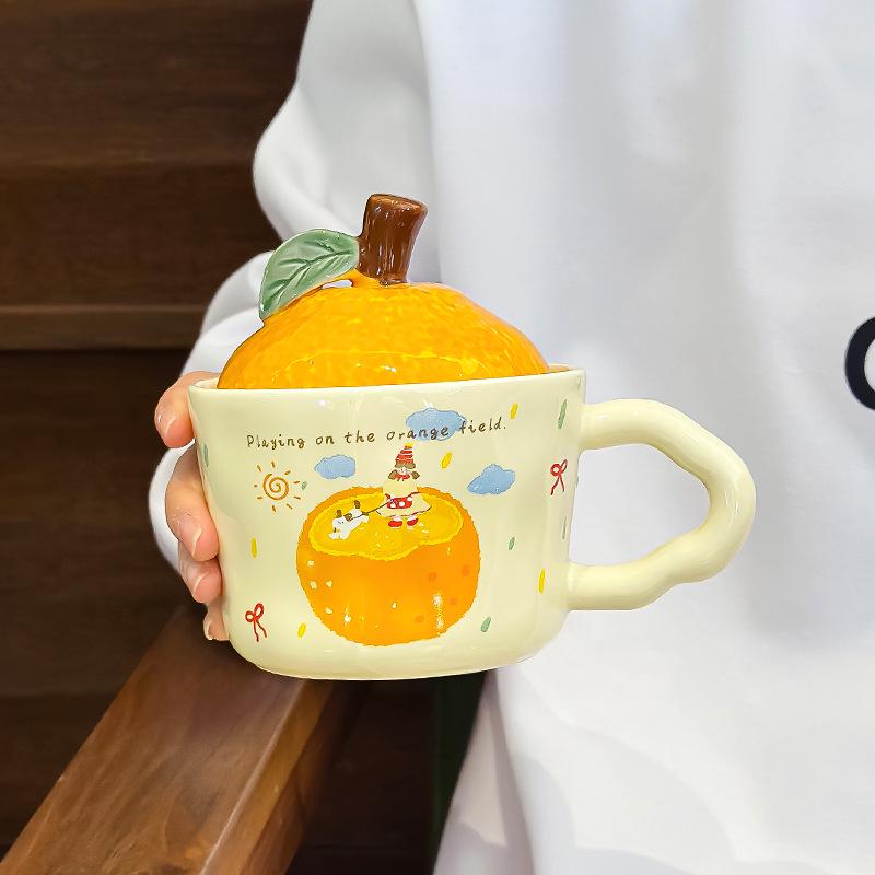 Orange Ceramic Mug with Lid - Cute Office, Home, or Birthday Gift 330ML