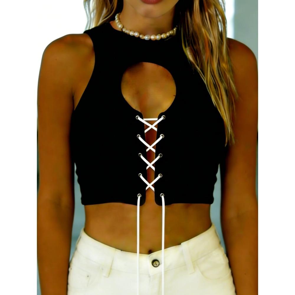 women s Sleeveless Cutout Lace-Up Crop Top Solid Color Round Neck Streetwear Tank Top S чёрный