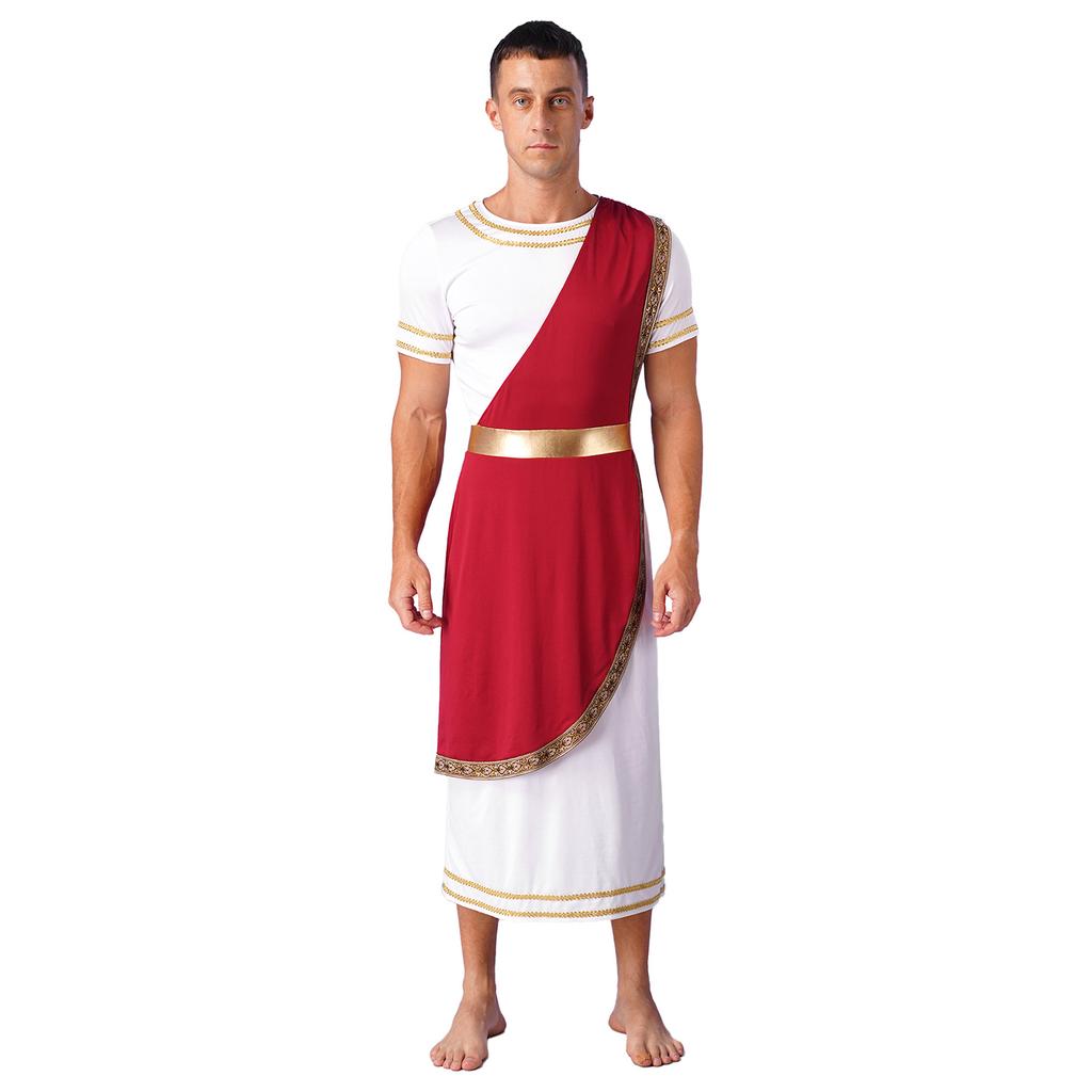 Mens Halloween Ancient Greek Toga Costume Short Sleeve Retro Gold Decoration Cosplay Roman Robe