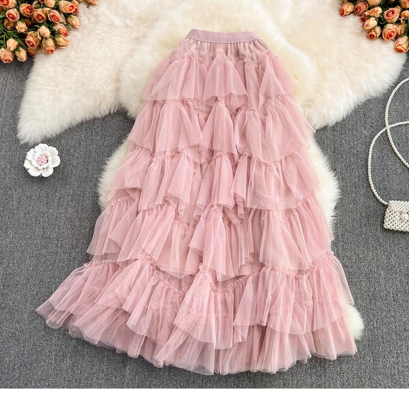 Long Skirts Womens Spring Korean Solid A Line High Waist Mesh Tiered Maxi Skirt Female One Size розовый