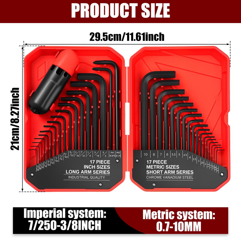 35Pcs L-shaped Allen Wrench Set Chrome Vanadium Steel 0.028-3/8 Inch Standard SAE and 0.7-10 Mm Metric Bicycle Repair Fasteners