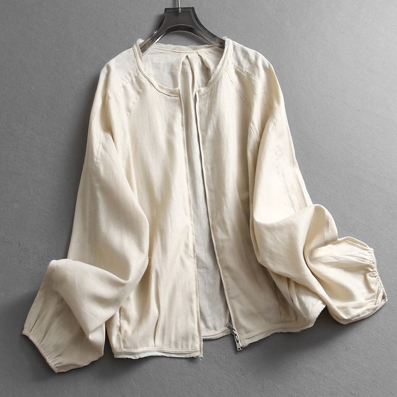 

Linen Blend Loose Thin round Neck Zip-up Placket 2025 Summer New Long sleeve Sun Protection Women clothes Outerwear X015 Khaki S