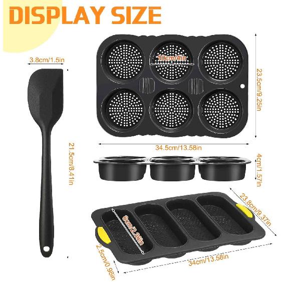 Set of 3 Silicone Baguette Pan and Hamburger Bun Pan Set with Spatula Nonstick 4 Wave Baguette Baking Tray 6 Cup Hamburger Bun Mold for Homemade