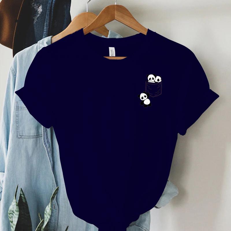 New Women Short Sleeve Top Summer New Pocket Panda Cartoon Printed T-shirt Korean Fashion Women Tops Loose Round Neck T Shirt