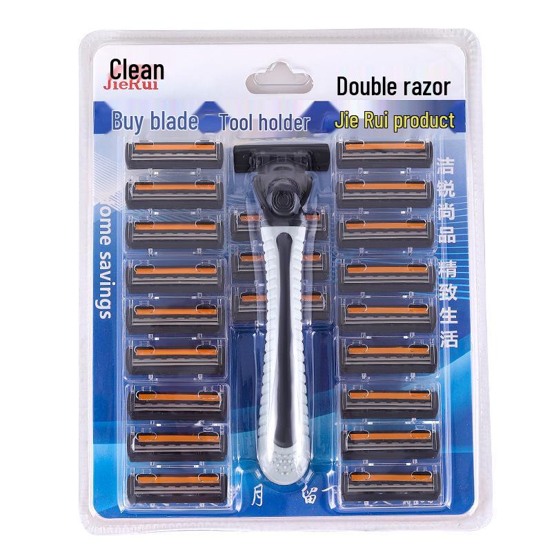 Набор винтажных мужских бритв из нержавеющей стали, двухслойный: 1 ручка + 21 лезвие
