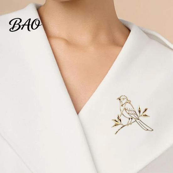 Elegant Bird Brooch Golden Plated Hollow Brooch, Standing on Branch Lapel Pin, Hats Bags Scarves Clothes Decorative Accessory Women Dresses Jewelry