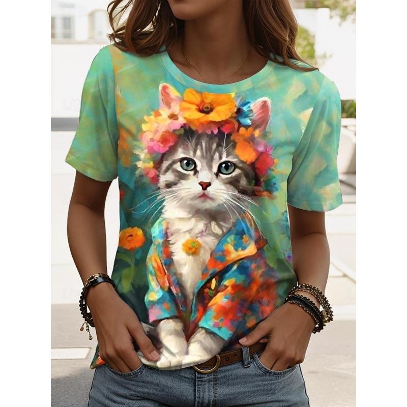 3D Printed Cute Puppy Oil Painting T-shirt Women's Fun Pattern T-shirt Summer Casual Round Neck Top Short Sleeve Loose T-shirt