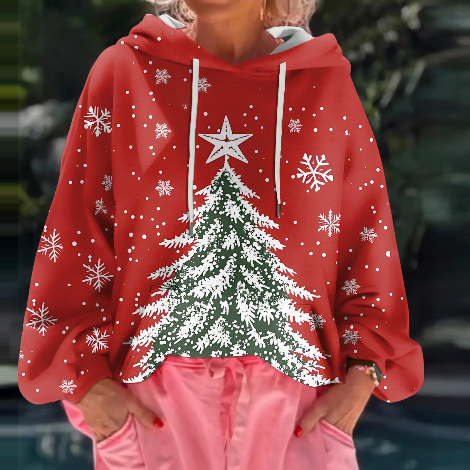 

Женский рождественский свитшот с капюшоном, свободного кроя, с длинными рукавами и принтом XL белый