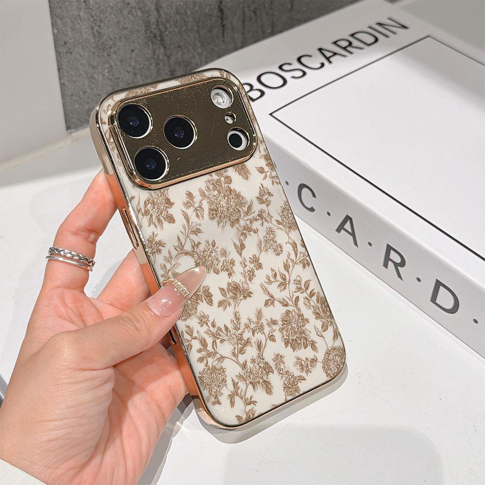 Lucky Start Phone Case For iPhone 17 16 15 14 13 12 11 Pro Max 16E Gold Electroplated Glass Shell  Beige Peony Cover