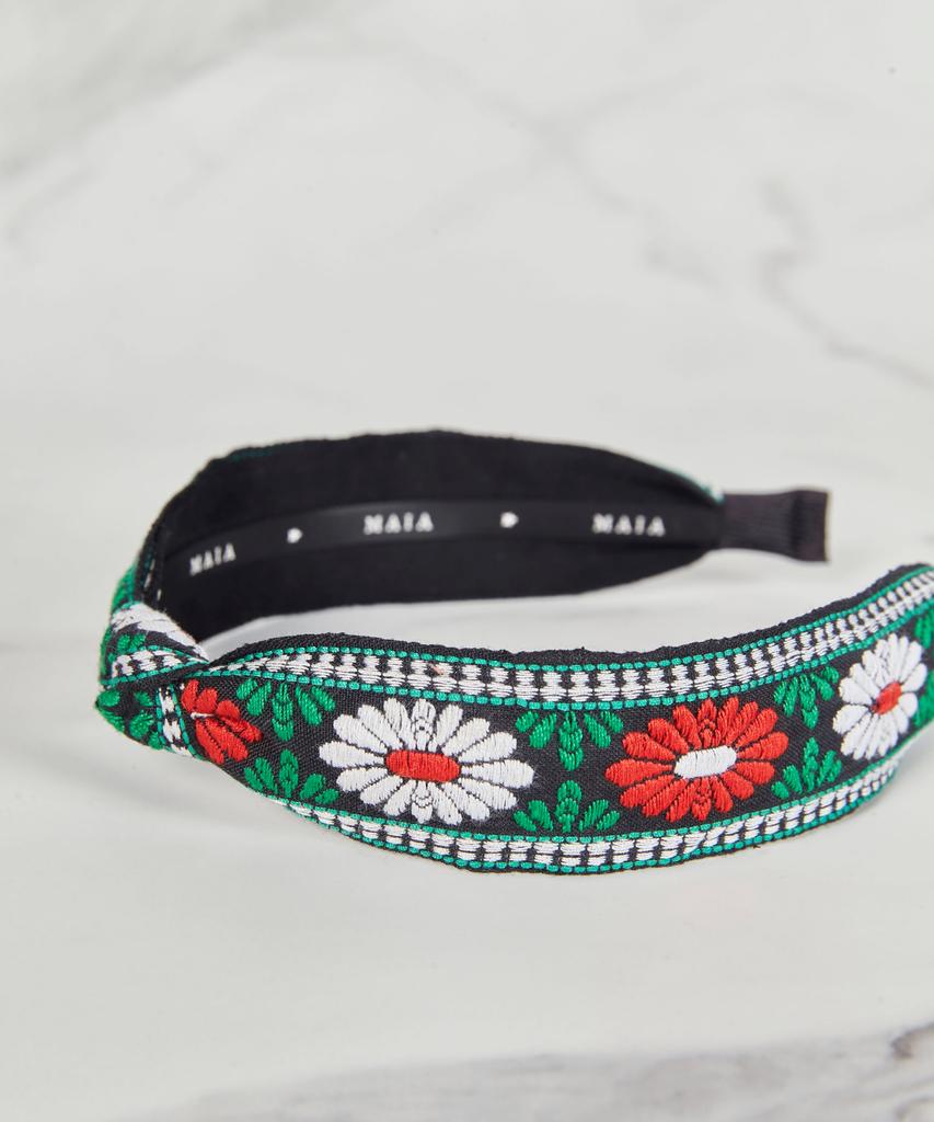 Maia Green Flower Jacquard Hairband - Knot Type D-Green