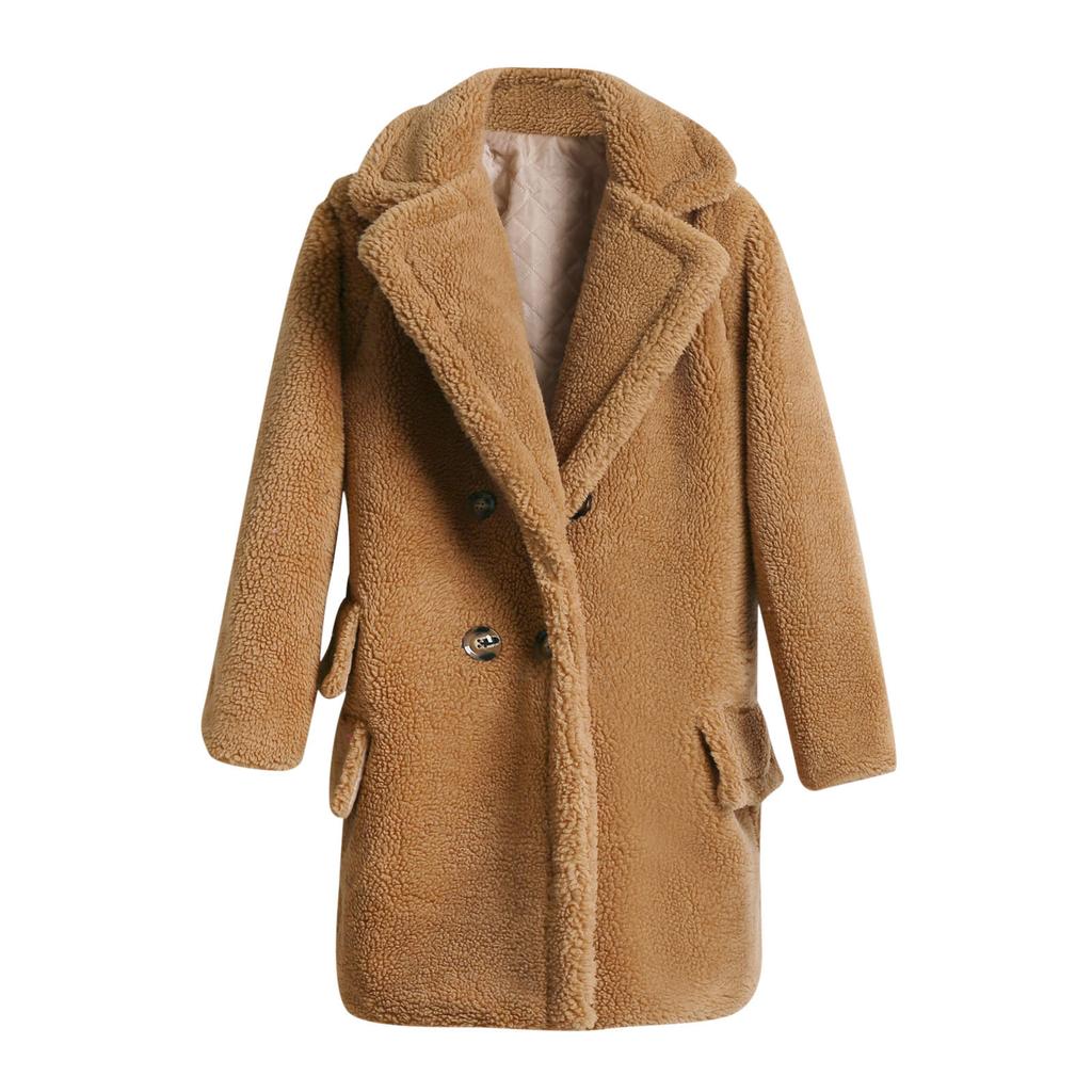 Fashion Women Solid Medium Turn-Down Collar Warm Plush Coat