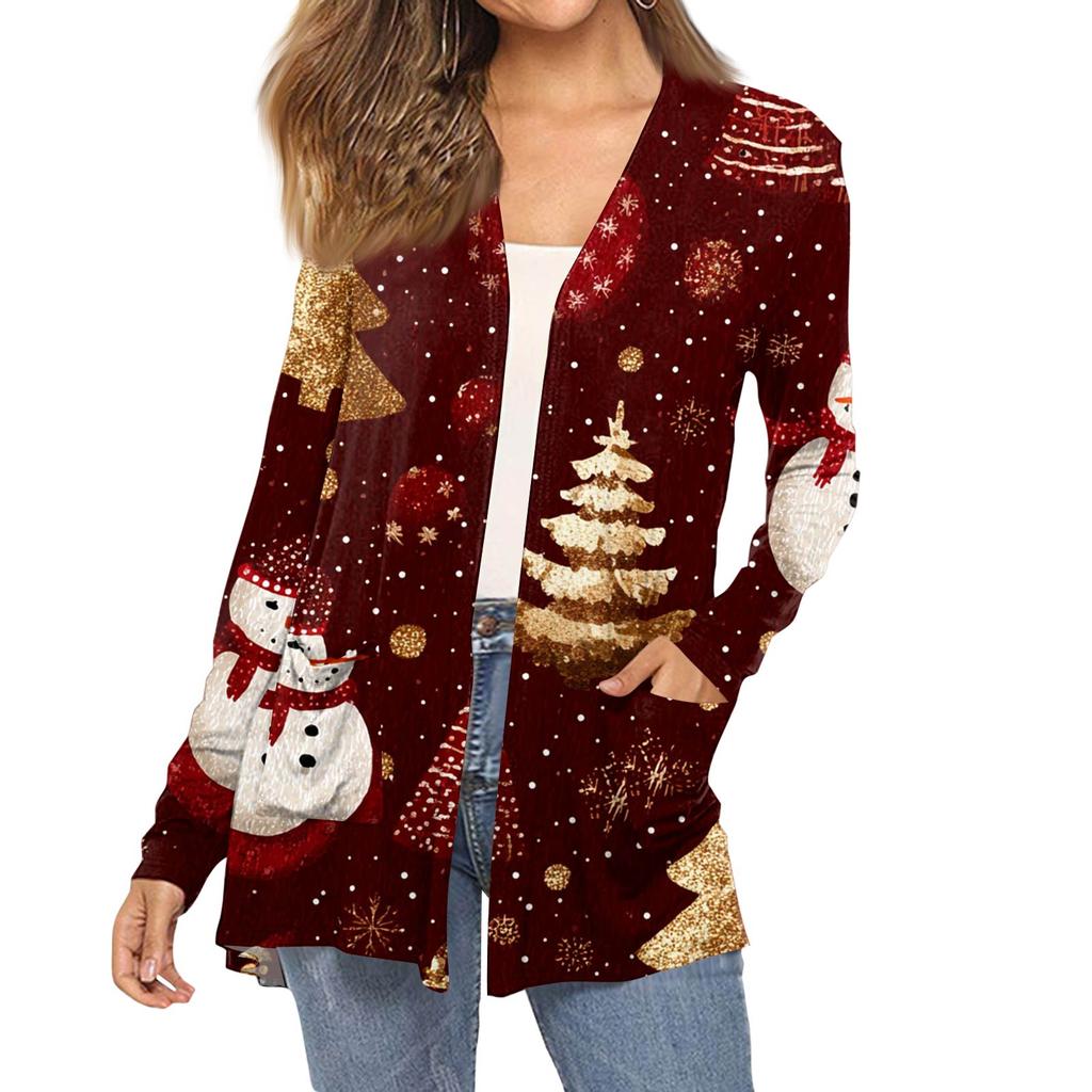 Women's Fashion Christmas Print Long-Sleeved Pocketed Slim-Fit Cardigan Coat