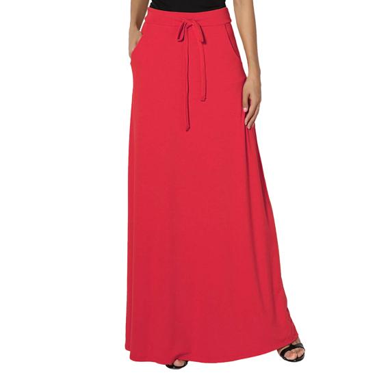 Women Maxi Skirt Adjustable Drawstring High-Waisted Solid Color Long Skirt with Pockets Casual Work Skirt