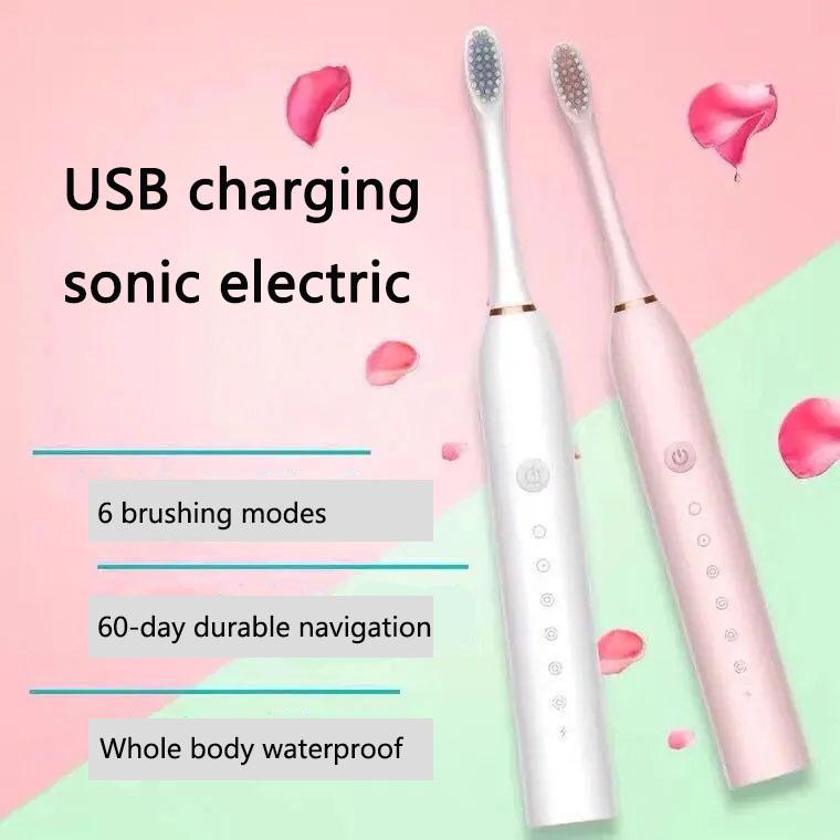 USB Rechargeable 6-speed Adjustable Electric Toothbrush Sonic Vibration Toothbrush Head Deep Clean Electric Toothbrush with 4 Brush Heads
