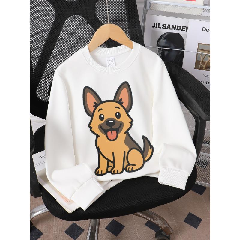 European Sizes Girls' Crewneck Sweatshirt Cute Dog Sitting Happy Expression, Spring And Autumn, Sportswear And Casual, Soft, for Kids & Teens.