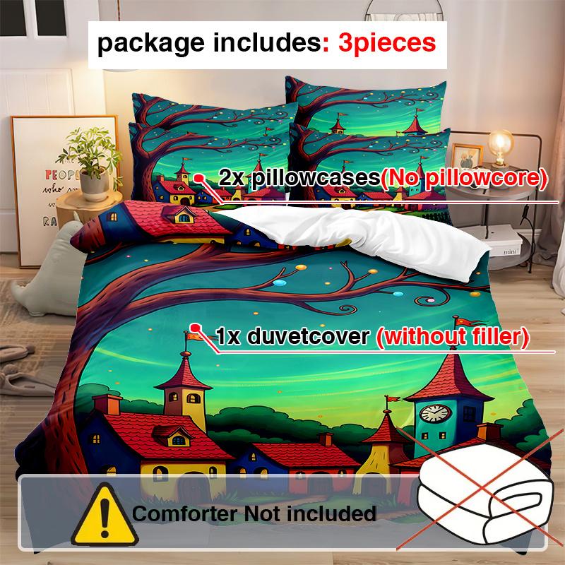 3pcs Art Style 3D Moonlit Cottage Pattern Duvet Cover Set, 1 * Comforter Cover + 2 Pillowcases, No Insert Included. Ultra-Soft