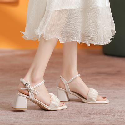 Sandalen Damen Sommer neu Temperament hoher Absatz Perle Schleife mit dickem Absatz vielseitig
