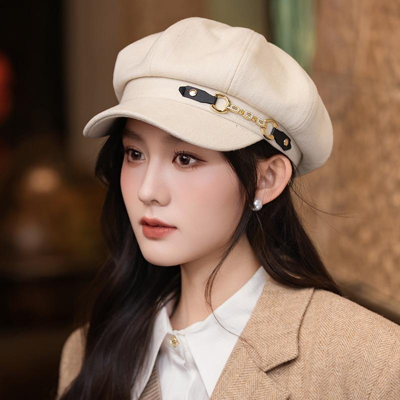 Autumn and winter hats women's solid color versatile octagonal hats temperament show face small beret big head circumference painter hat