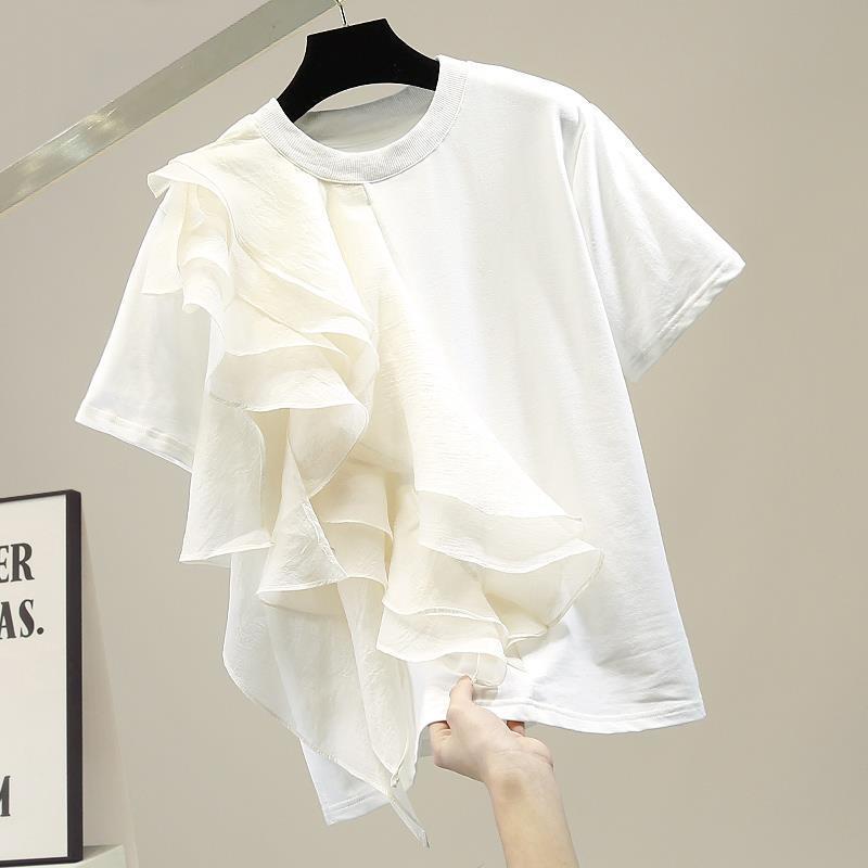 Summer Holiday O-neck Tops Women Ruffled Stitching Blouse Fashion Short Sleeve Tunics Casual Loose Solid Blusa Femme