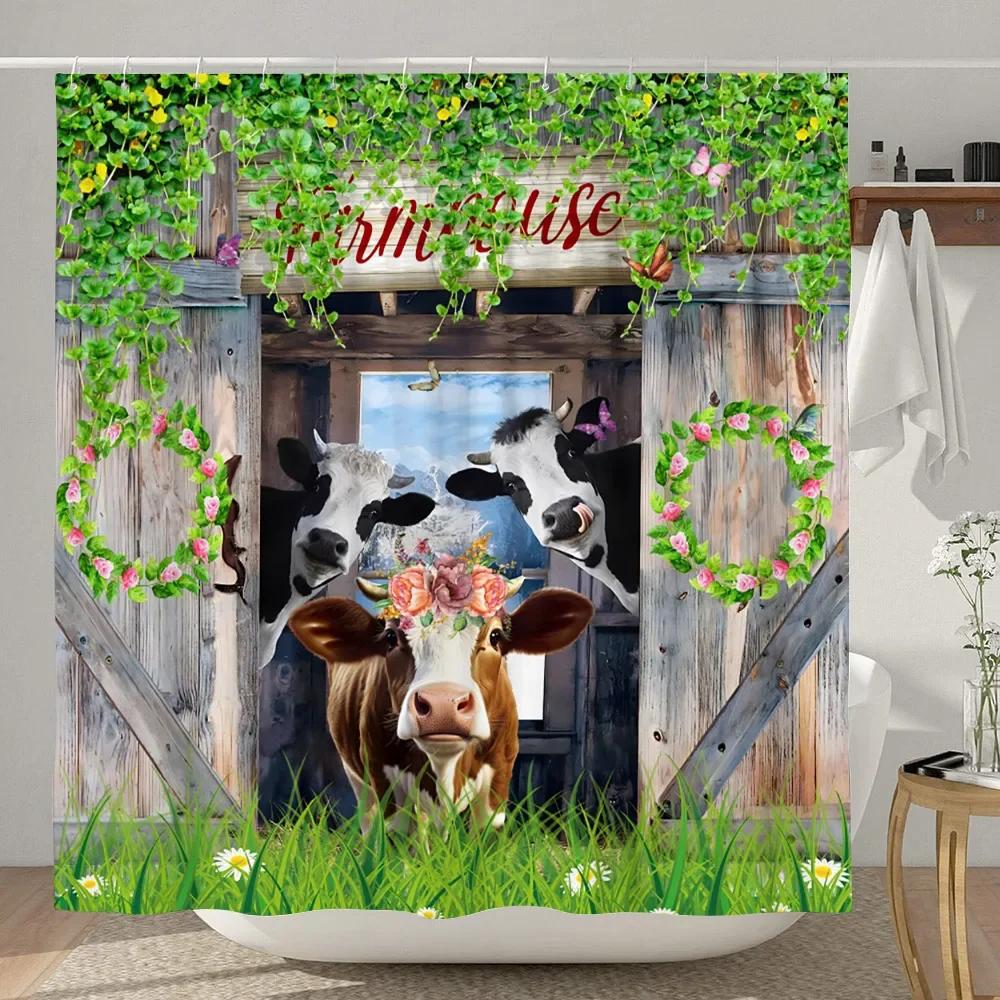 Highland Cow Shower Curtain Farmhouse Funny Bull Rustic Western Watercolor Spring Florral Cute Animal Plant Kids Bathroom Decor