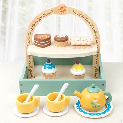 Küçük Kızlar İçin Ahşap Çay Partisi Seti Oyuncaklar Cupcake Standı Rol Yapma Oyunu Mutfak