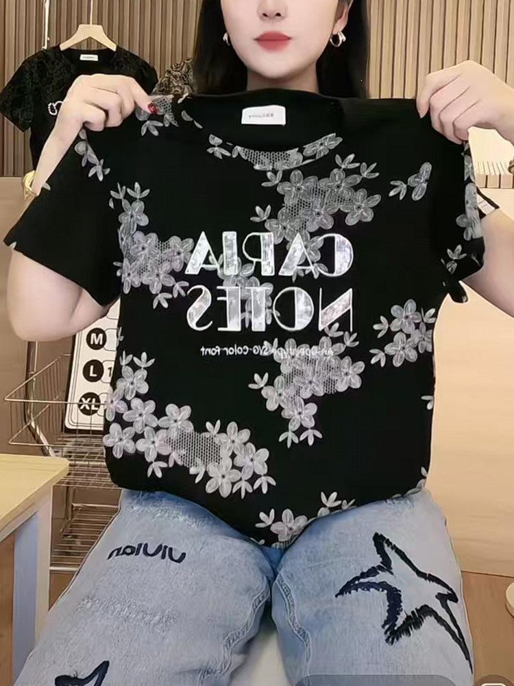 

2025 Summer Women s Short Sleeve Light Luxury Embroidered T-shirt Medium чорний